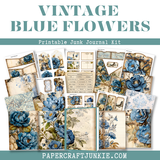 Vintage Blue Flowers Junk Journal Printable Kit - Digital Product
