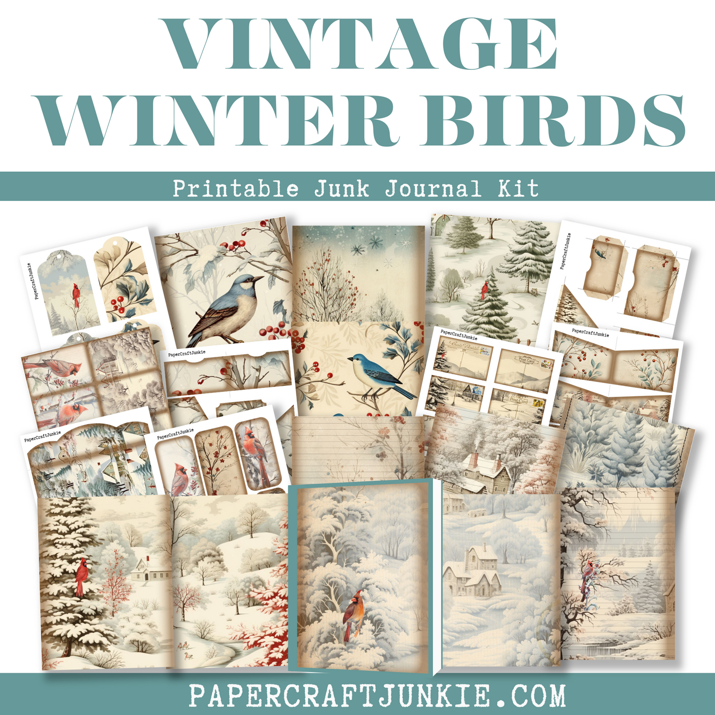 Vintage Winter Birds Junk Journal Printable Kit - Digital Product